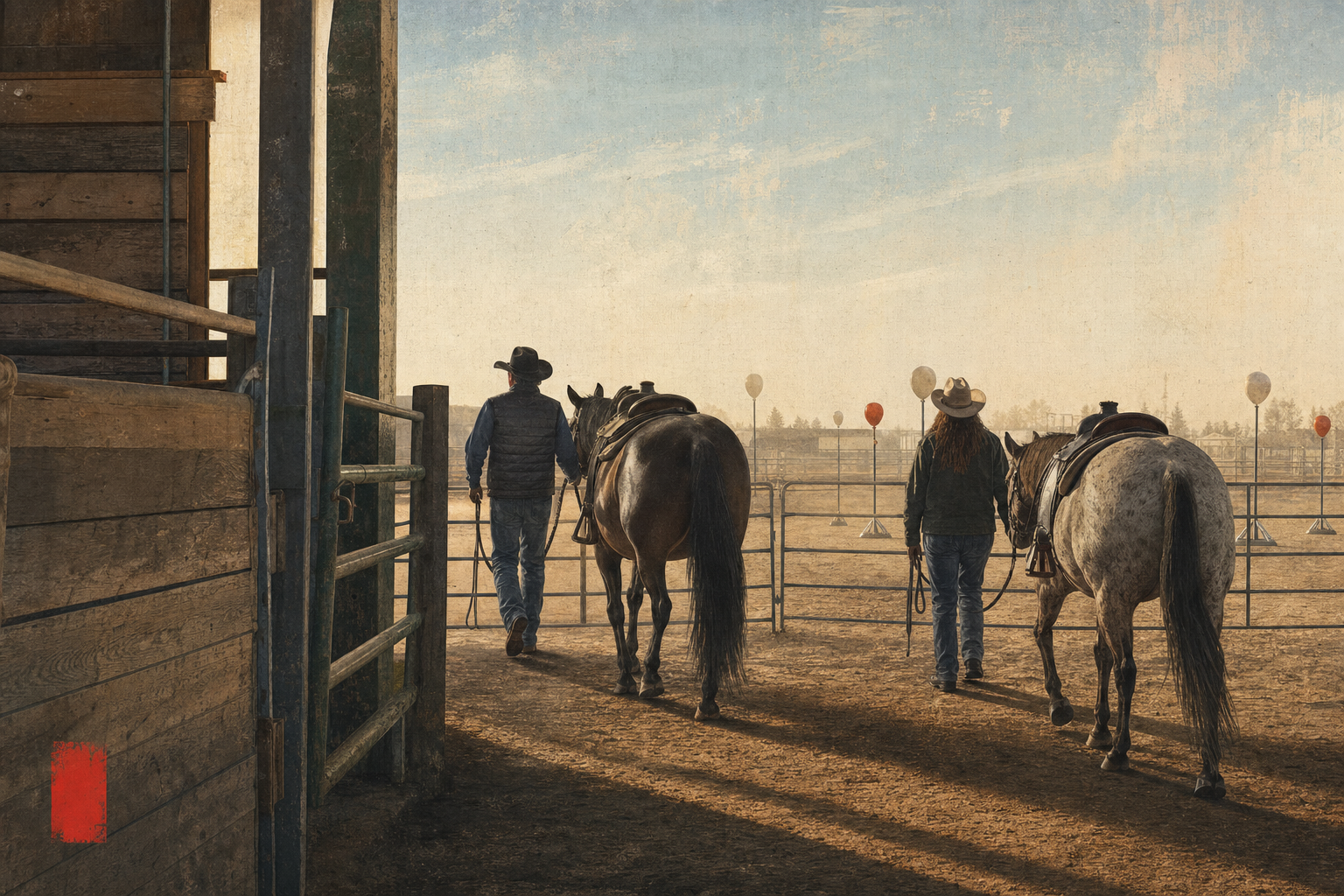 An illustrated Alberta arena entrance with adult riders leading horses toward simple rail gates in early light.