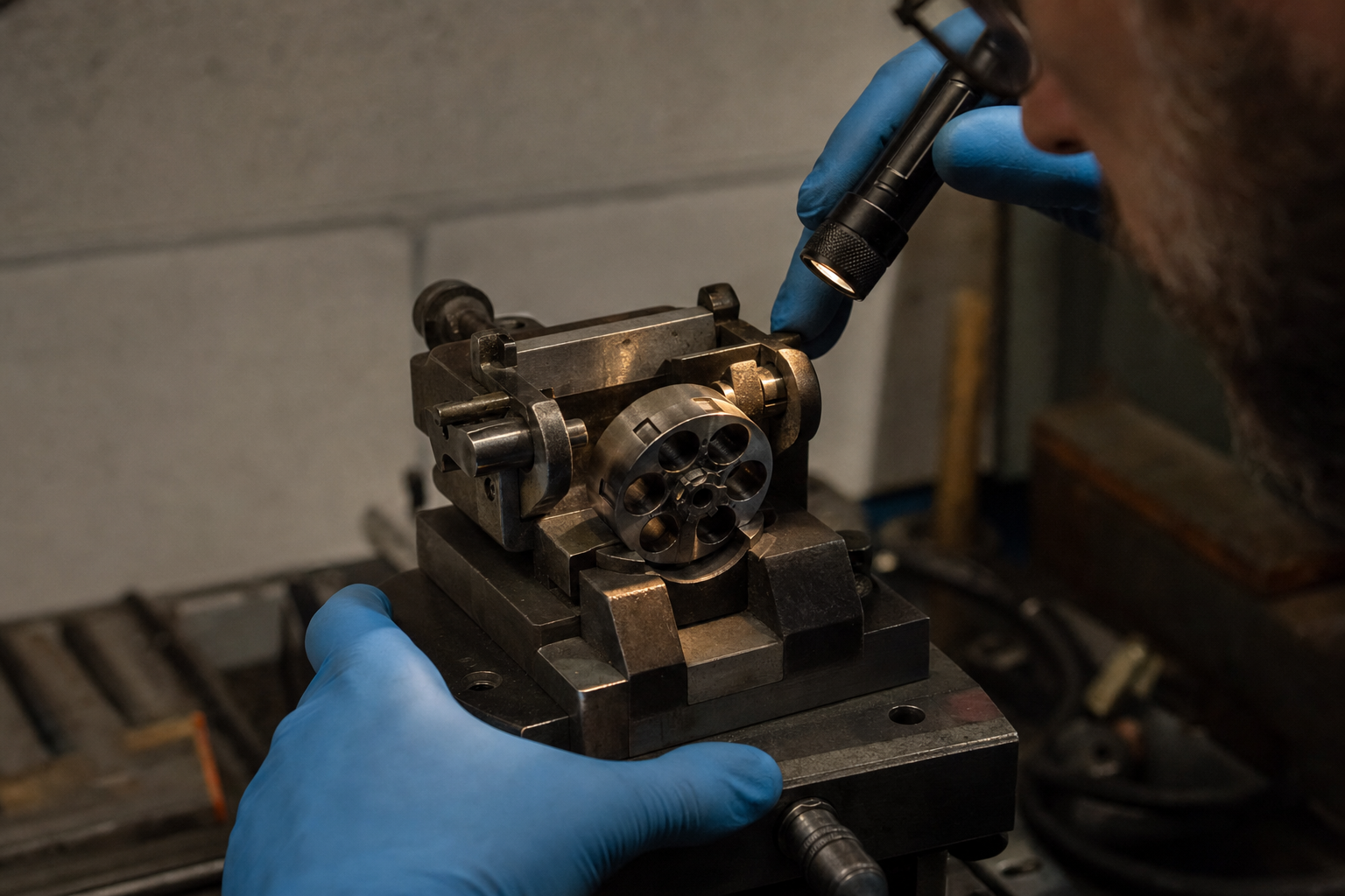 A licensed gunsmith inspects a small steel cylinder-and-yoke component in a fixed workshop fixture.