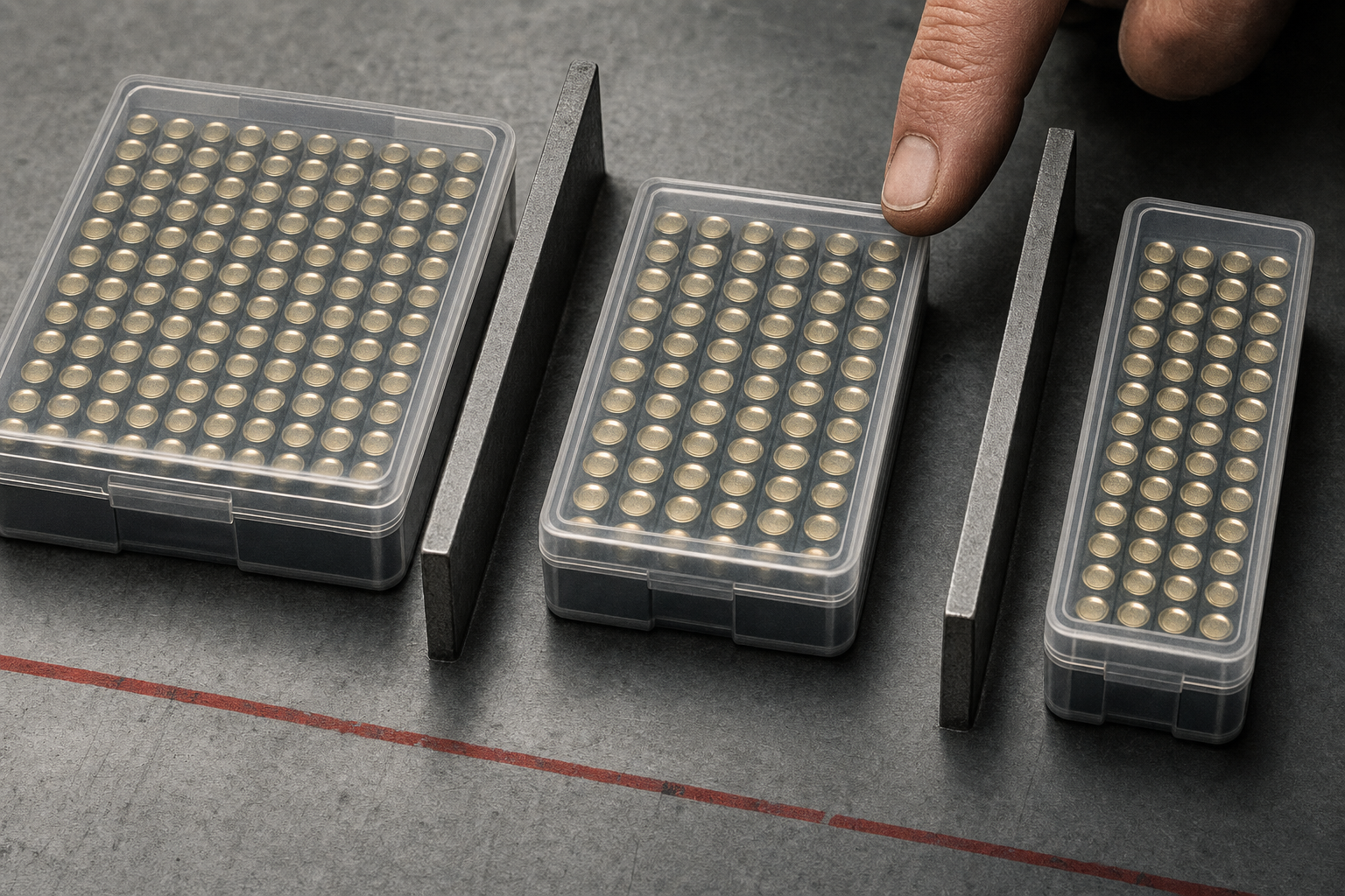 Three closed unbranded primer-family trays separated on a technical work surface, showing distinct component categories.