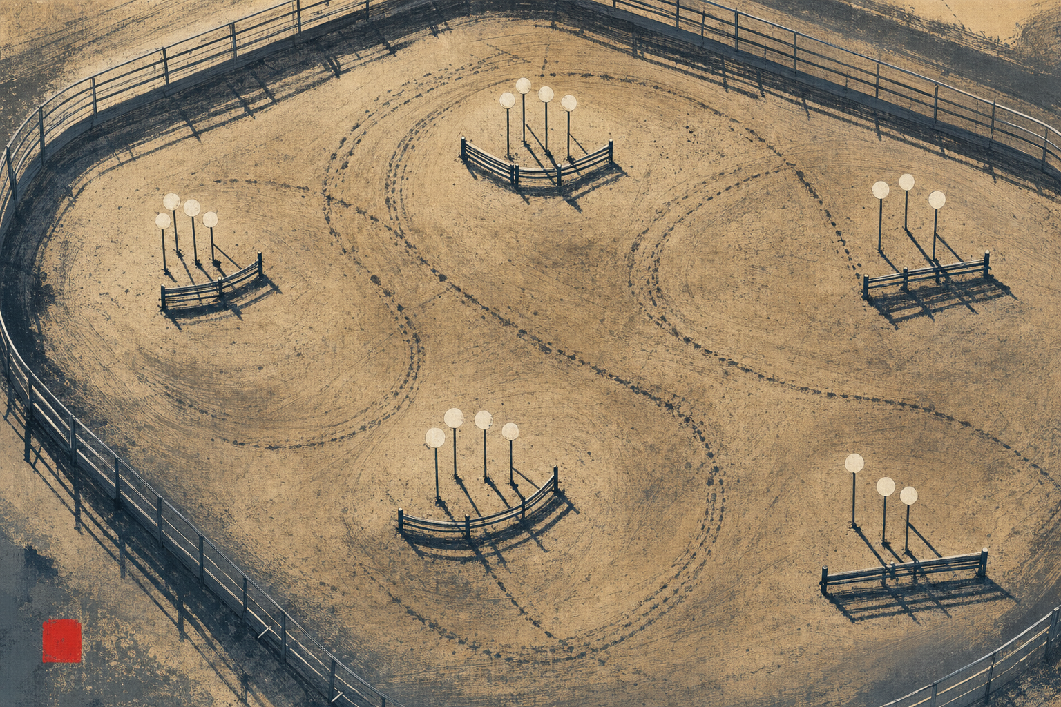 An illustrated overhead view of a dirt arena with balloon-standard groups, curved hoof tracks, and arena rails.