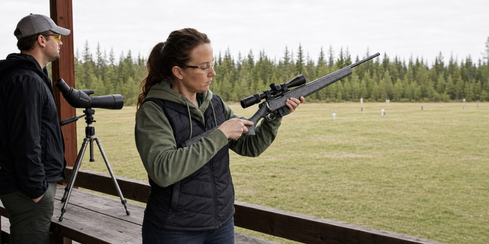 A woman checks a scoped bolt-action rimfire rifle on an outdoor firing line while another shooter stands beside a spotting scope.