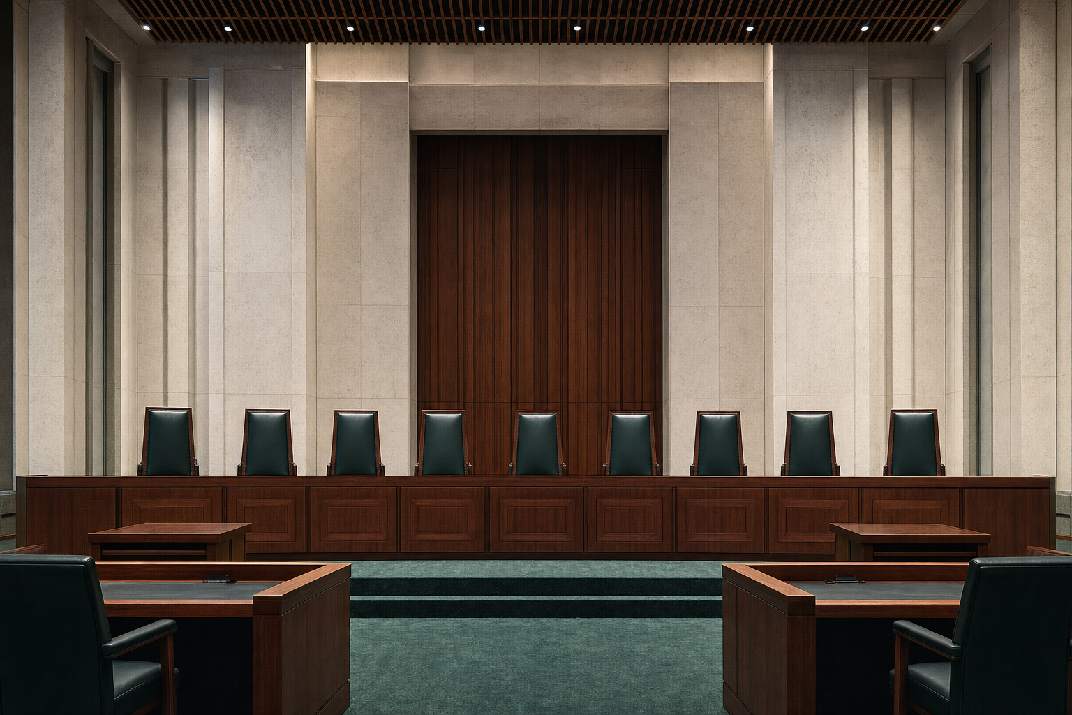 The empty Supreme Court of Canada hearing chamber prepared for oral argument.