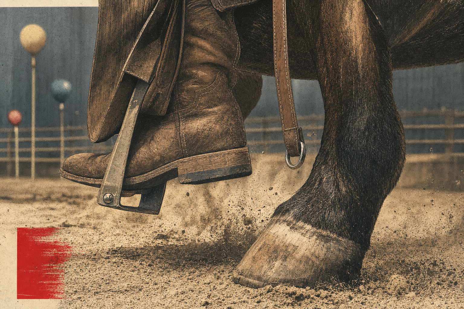 A close illustration of a boot in a stirrup, horse hoof, leather tack, and dust inside an arena.