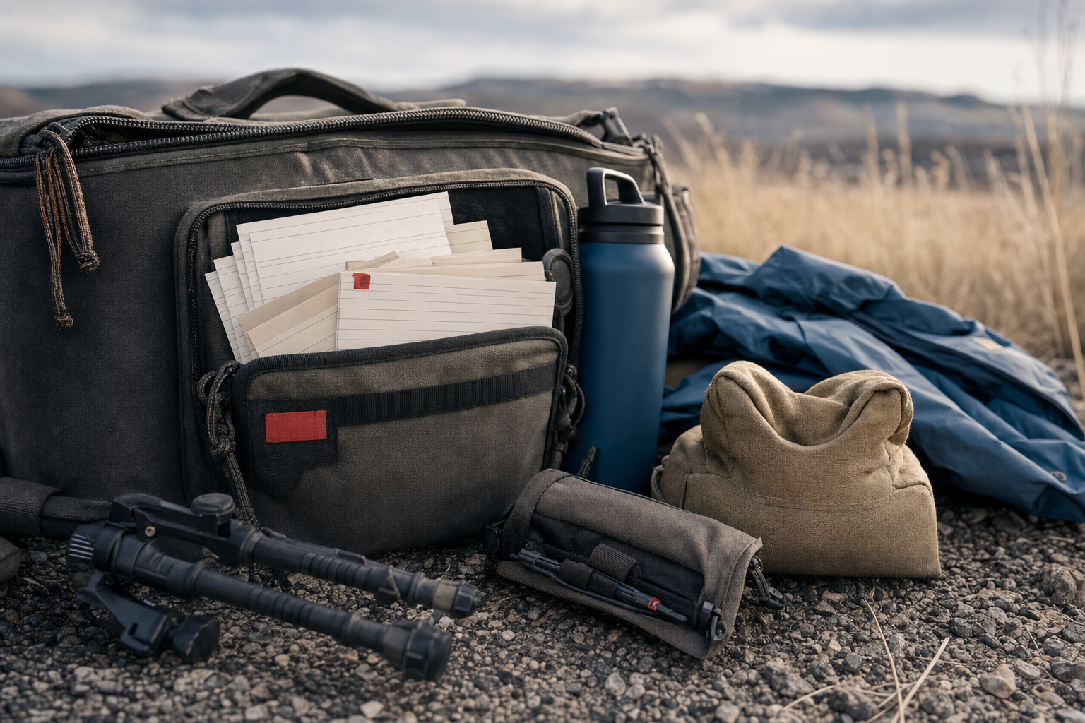 A precision rifle match range bag with blank data cards, water, weather gear, and rear-bag support objects.