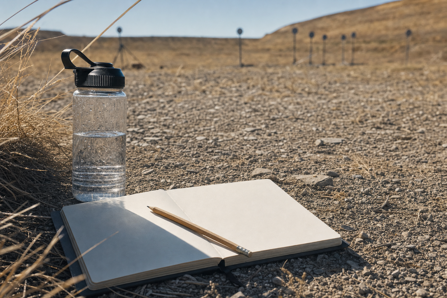 A blank range notebook, pencil, water, and dry range ground under hot Southern Alberta light.