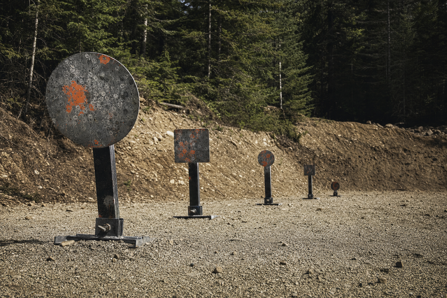 A northwest B.C. range lane with decreasing steel plates and dusty gravel under forest light.