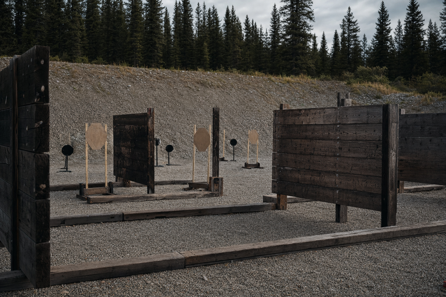 Empty northern B.C. action-shooting bays with gravel, berms, timber dividers, and abstract target stands.