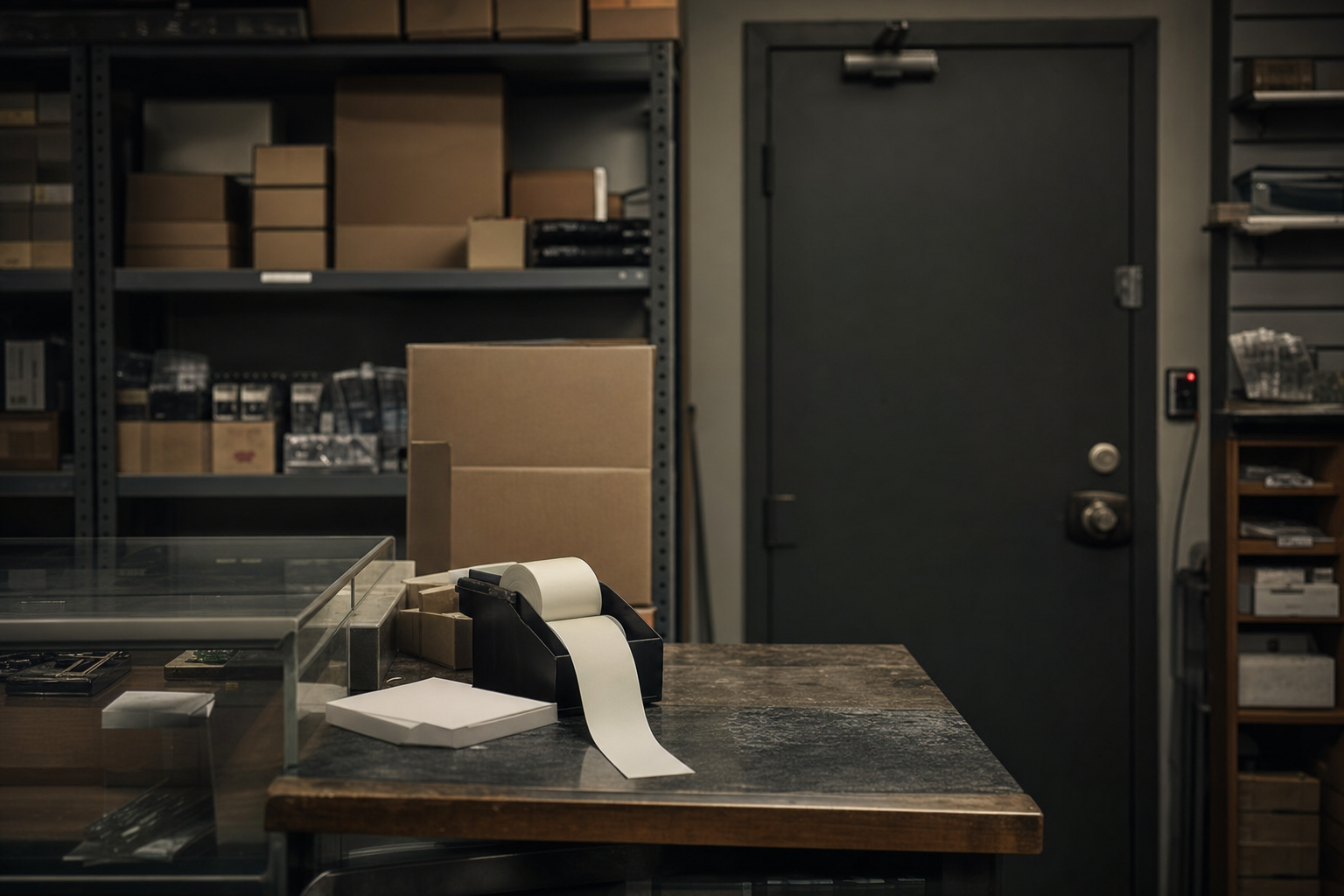A small dealer counter with blank receipts, cardboard cartons, muted shelving, and a closed storage door.