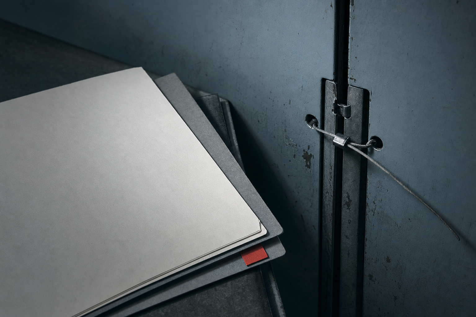 A blank court-order page beside a sealed evidence locker seam under municipal blue-grey light.