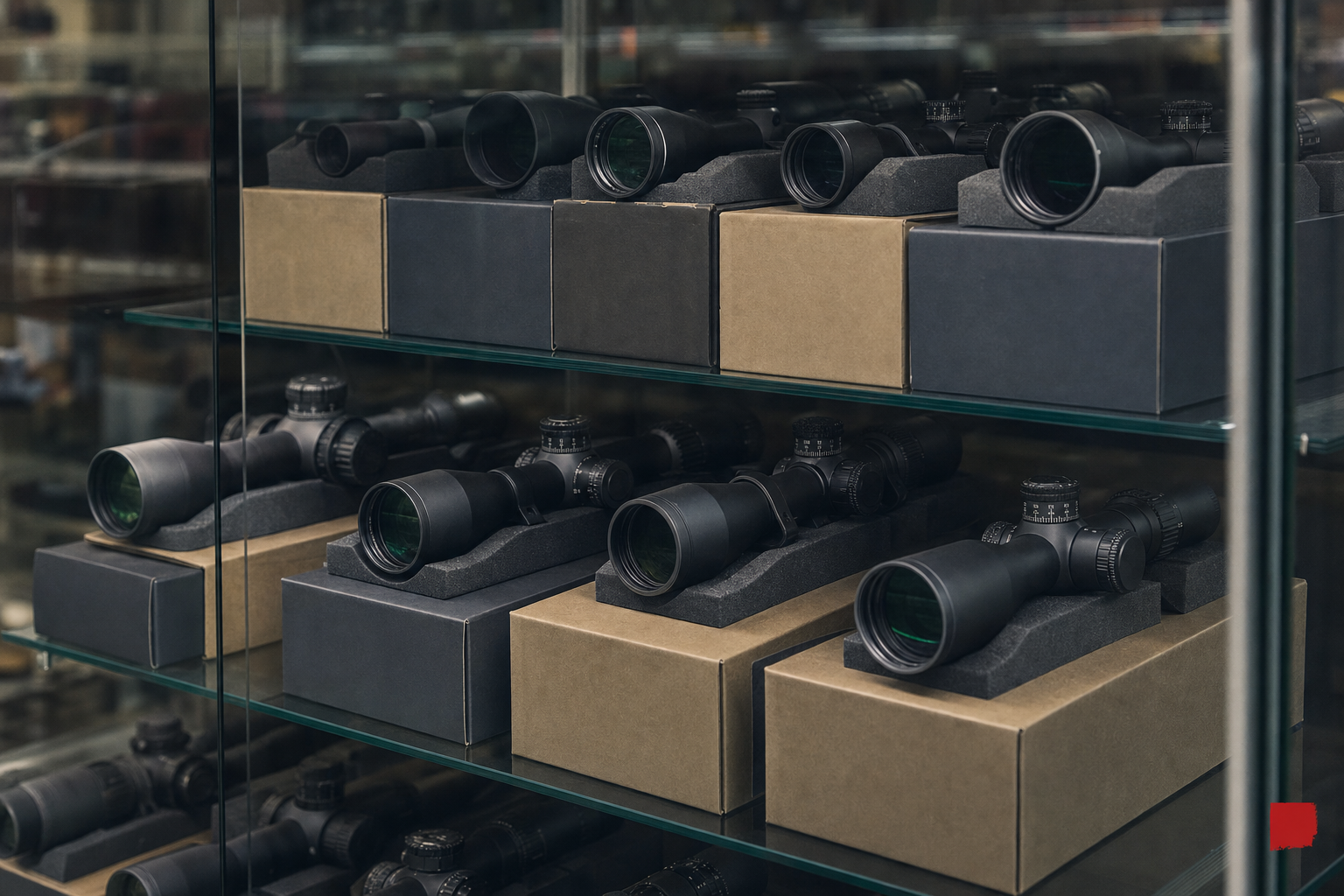 A Canadian optics shelf with unbranded premium scope forms and muted box edges under glass.