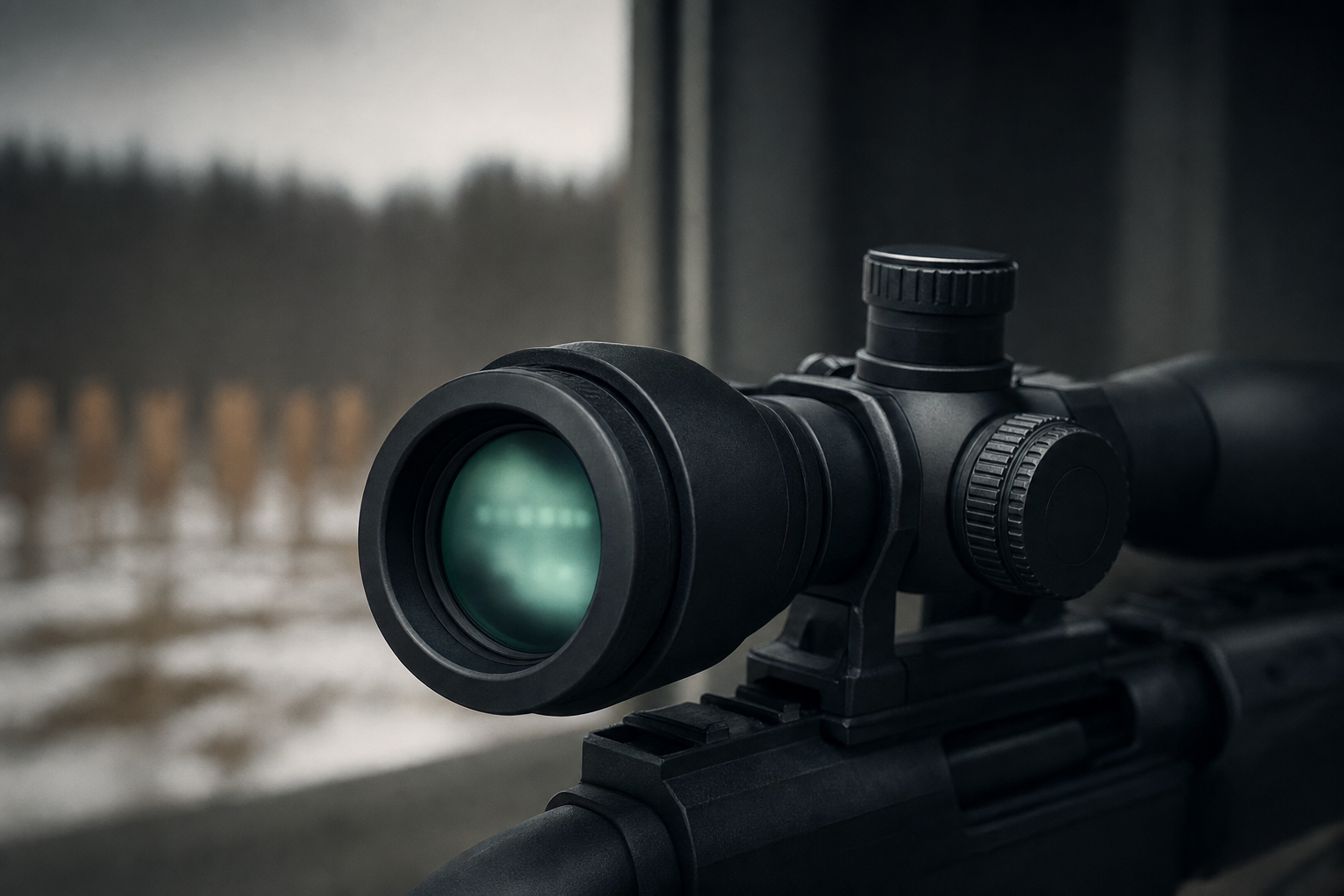 An unbranded smart-scope ocular with a soft unreadable display glow and turret detail.