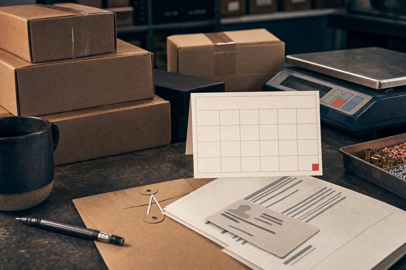 A reloading order desk with sealed component boxes, a blank calendar card, and unreadable proof documents.
