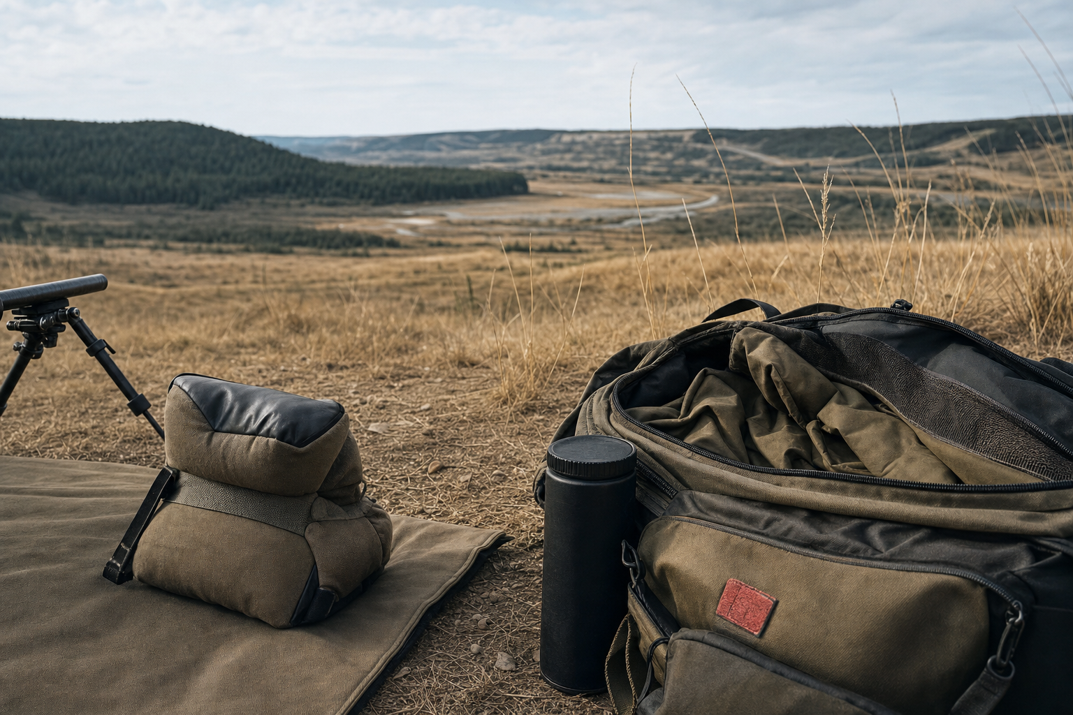 A quiet Canadian precision range staging area before training with gear arranged beside natural terrain.