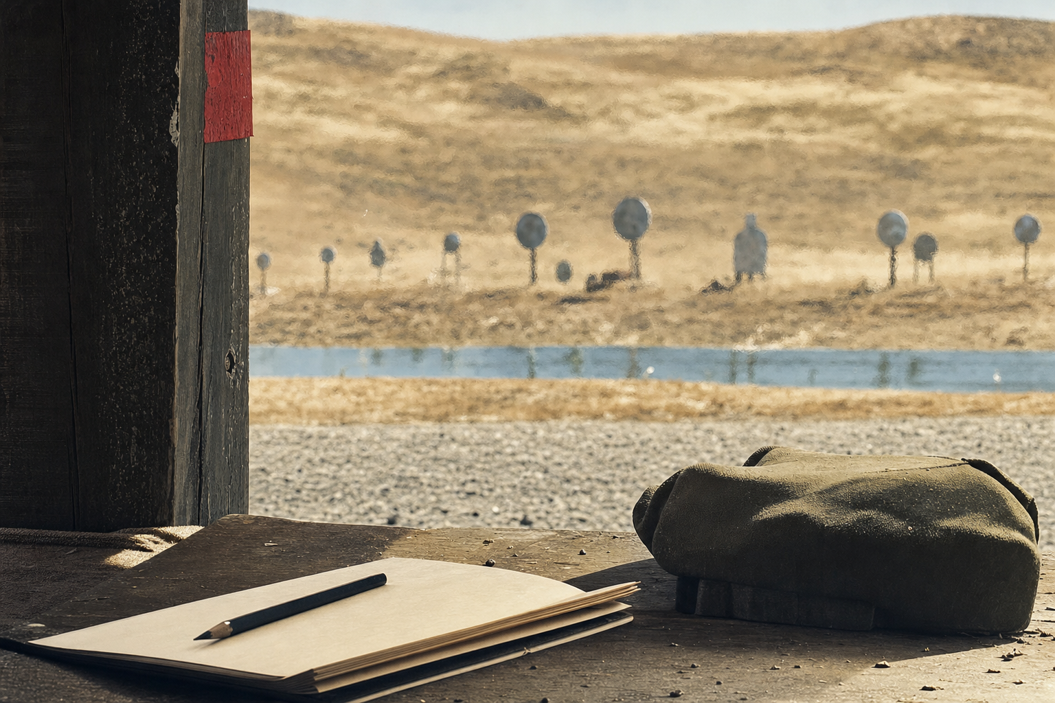 A hot rimfire range zero-board atmosphere with blank notes and distant steel targets.