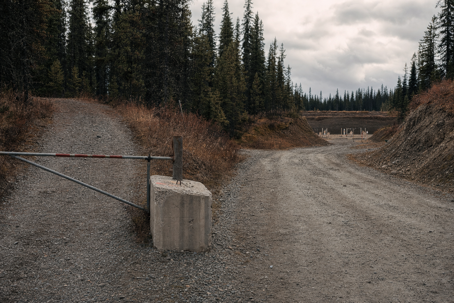A gravel range road with one blocked side path and distant action bays.