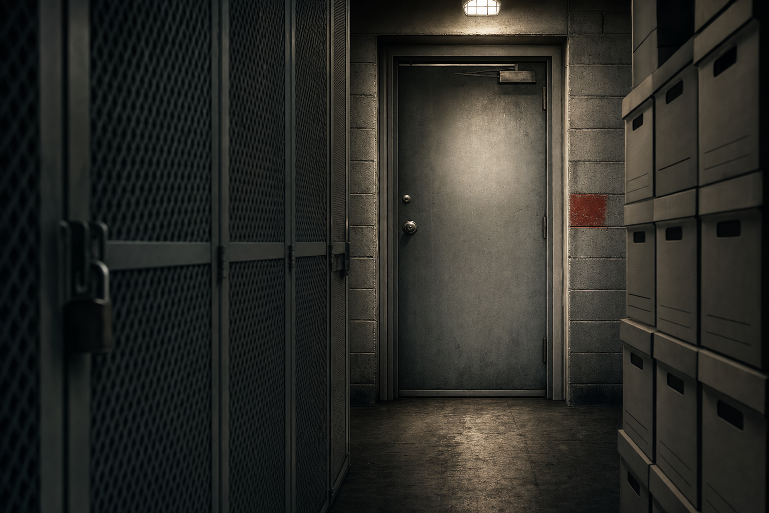 A shadowed storage corridor with a closed metal door, security texture, and blank policy blocks.