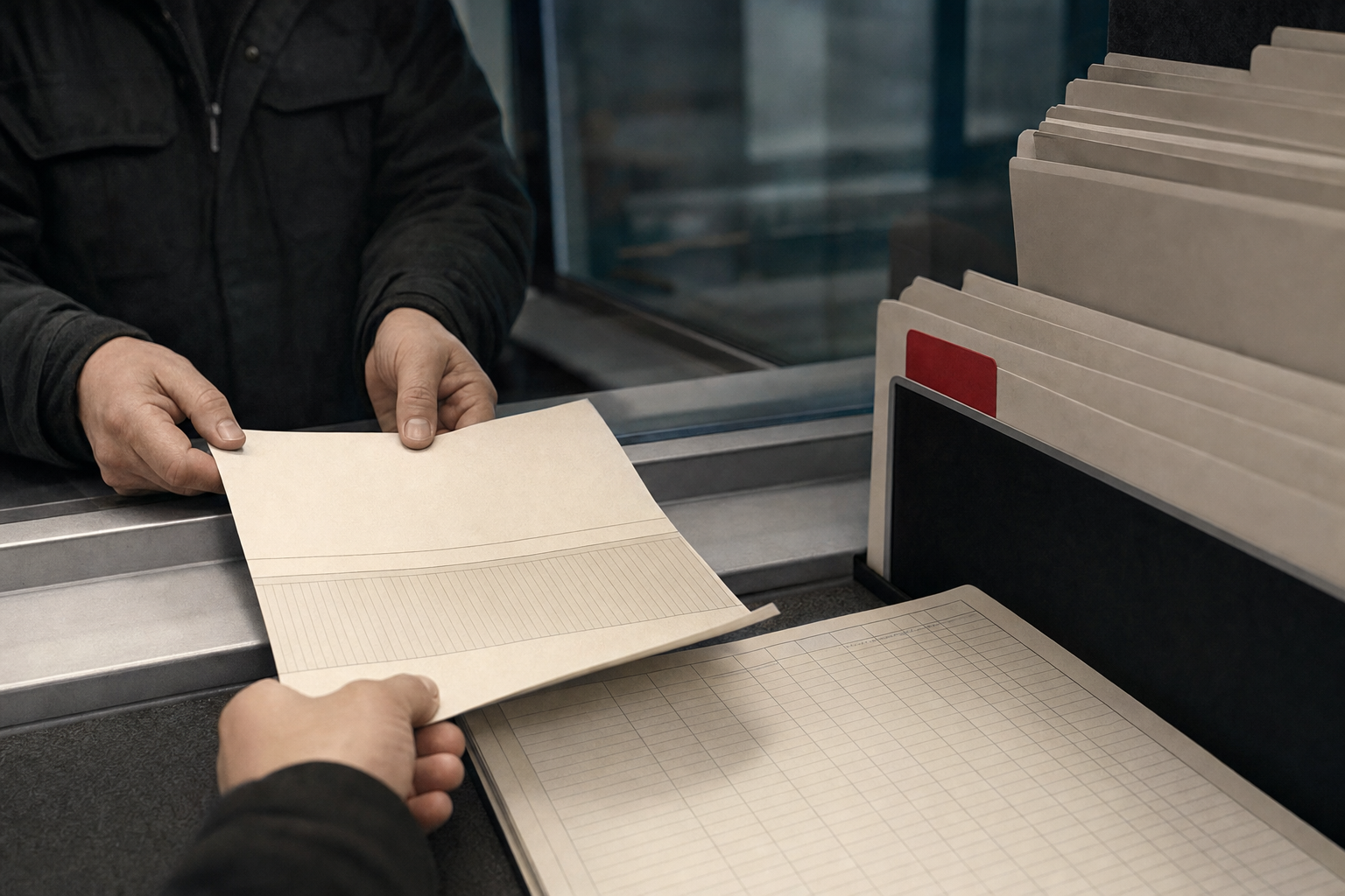 An abstract regulated-owner file edge with blank forms, a range sign-in texture, and no readable details.