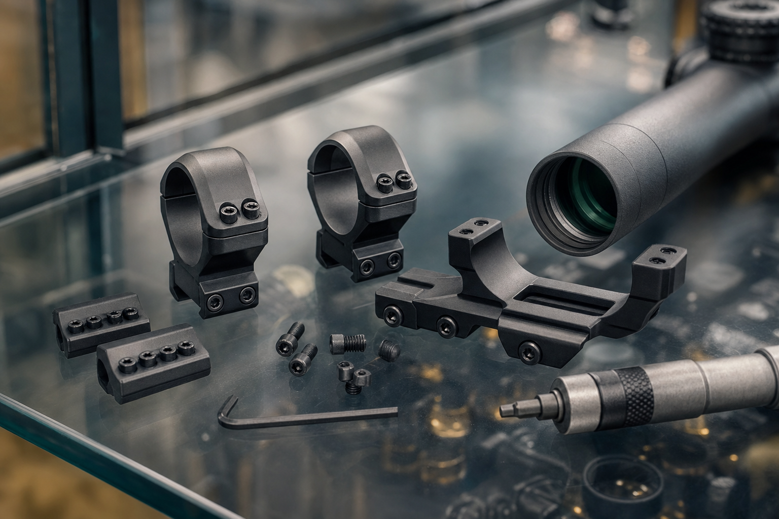 Unbranded scope rings, mount hardware, and a scope tube detail on a clean optics counter.