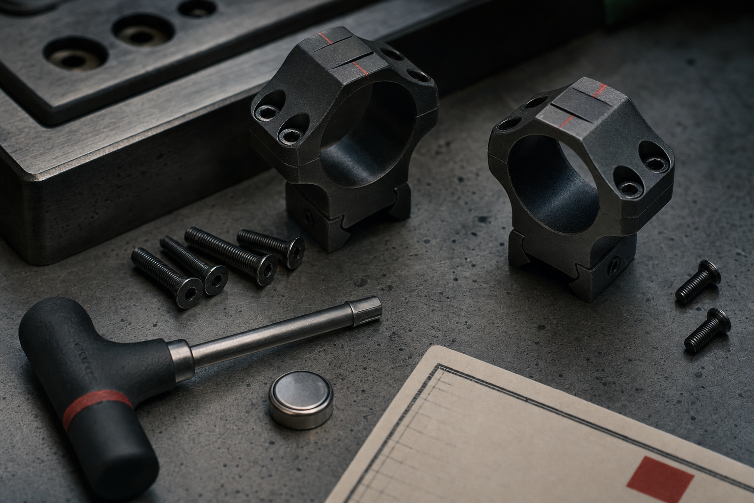 Scope rings, mount hardware, a torque-tool shape, and a blank data card under cold light.