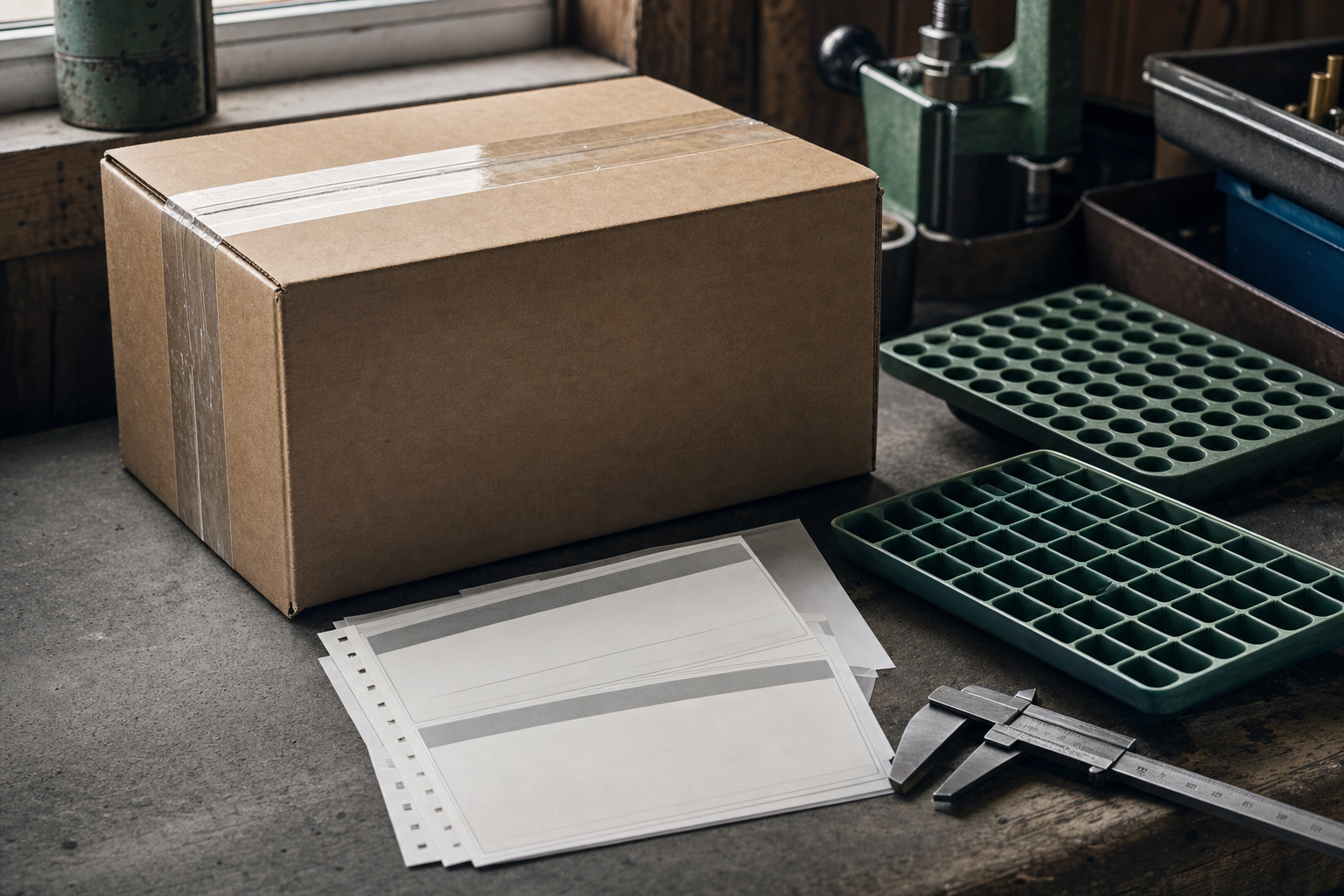 A sealed shipping carton for reloading components beside blank labels and empty brass trays.