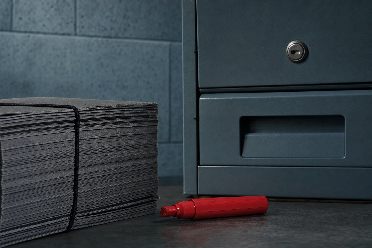 A dark graphite file edge and red condition marker beside a closed evidence locker.
