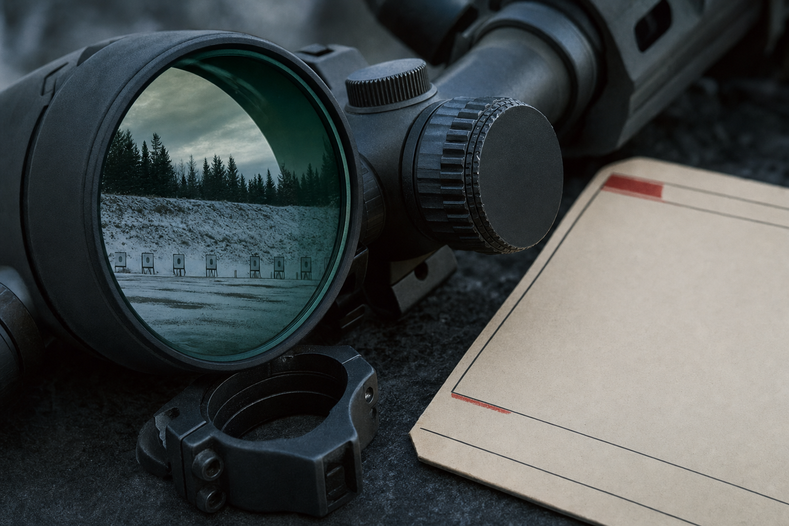 A cold range-lane reflection in optic glass beside a turret and blank field card.