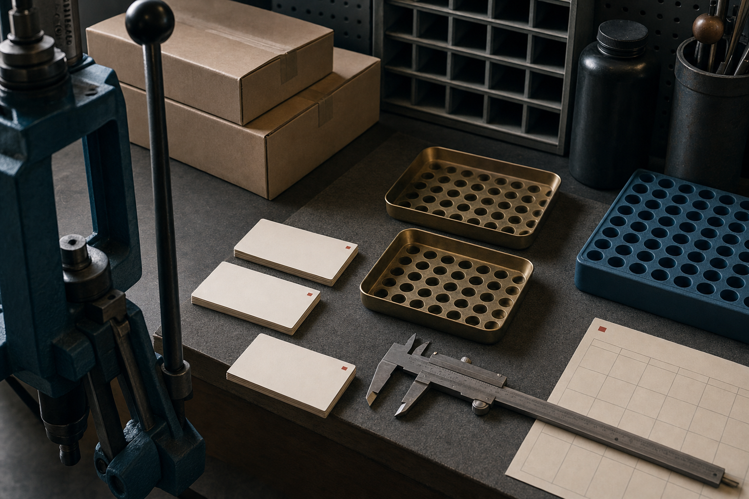 A tidy reloading bench with blank stage cards, empty brass trays, calipers, and sealed generic component boxes.