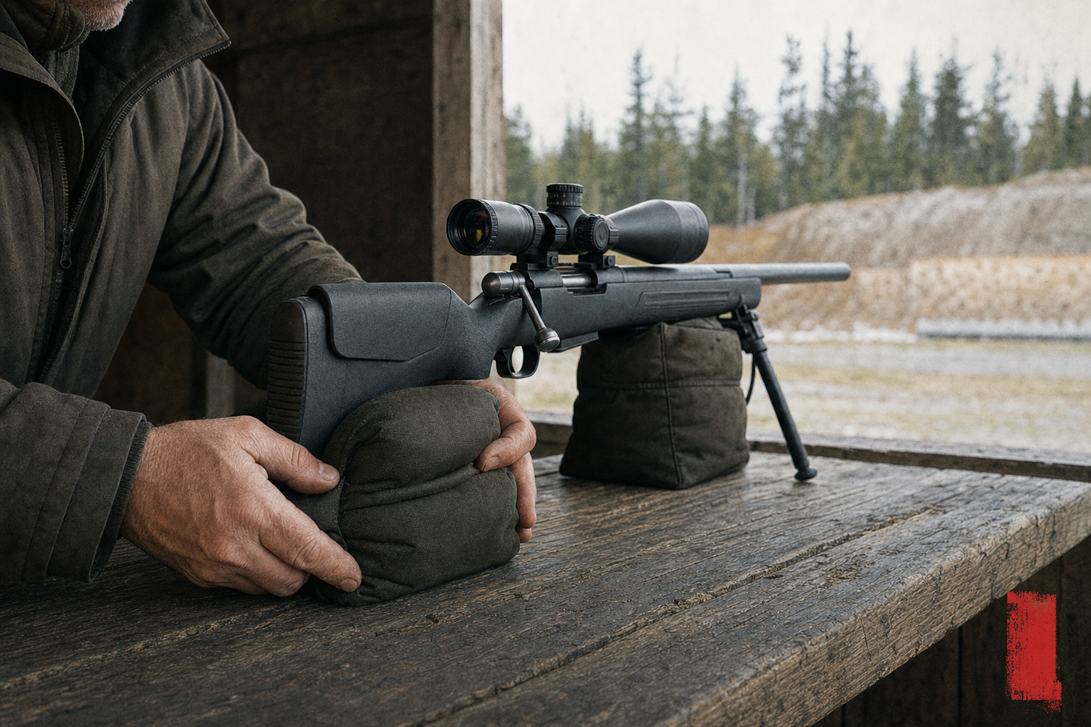 An adult resetting an unbranded rear support bag at a Canadian range bench while a precision rifle remains safely oriented downrange.