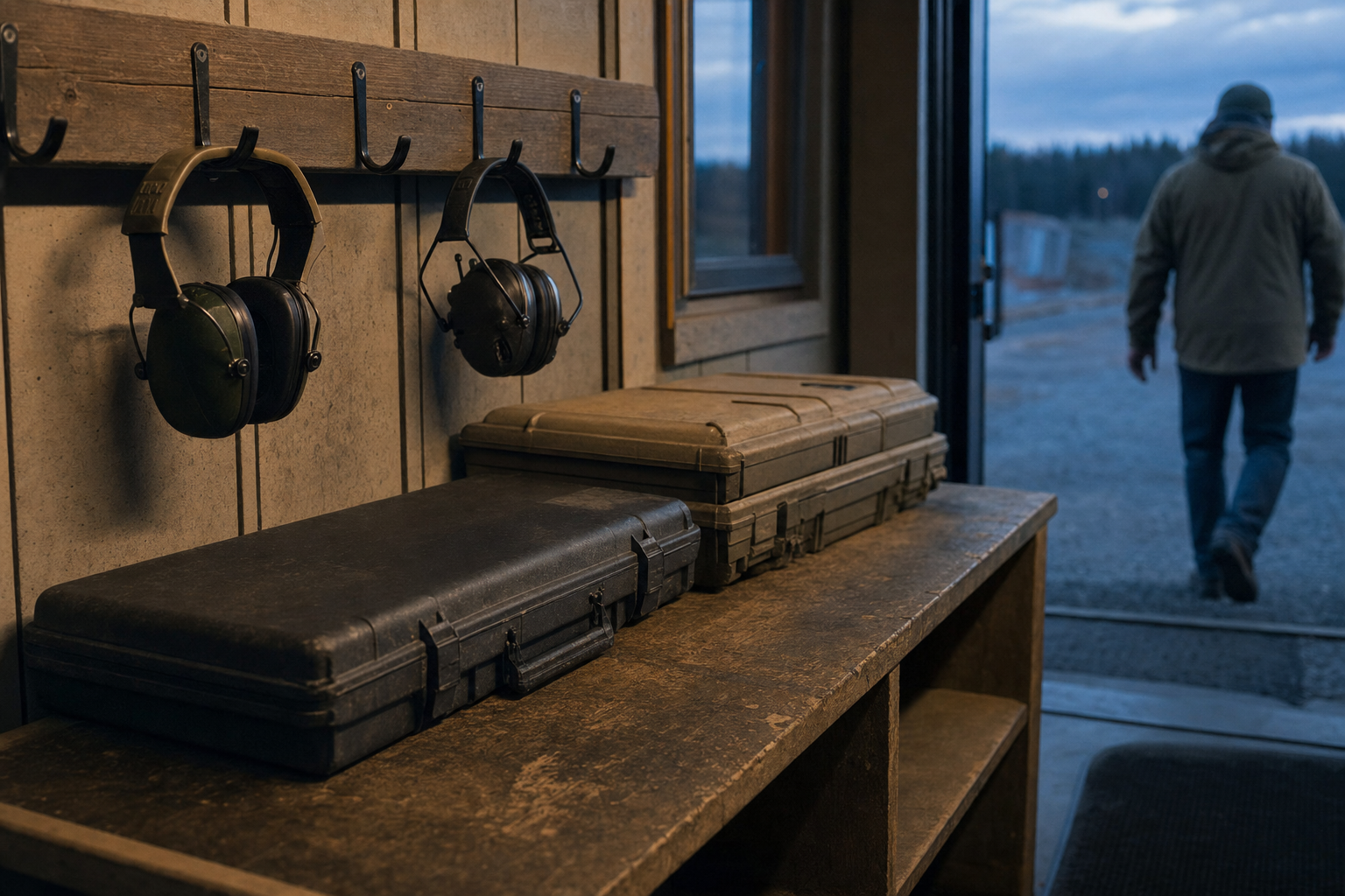 A quiet Canadian range vestibule with hearing protection and closed transport cases, with no firearms visible.