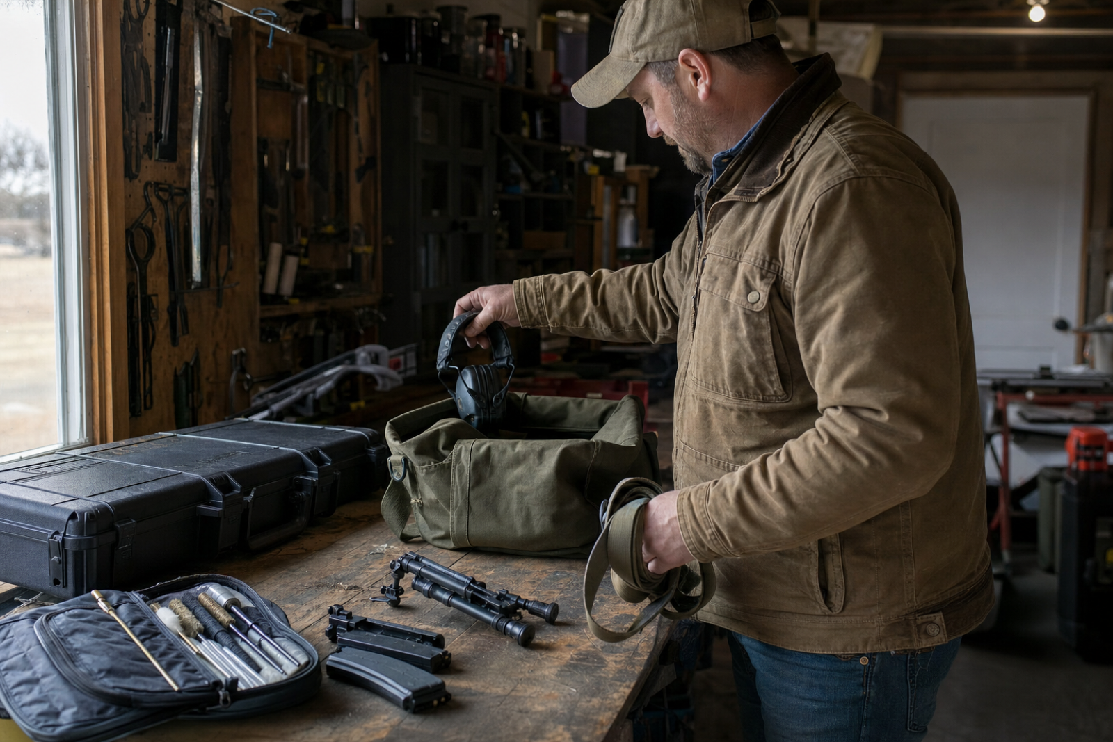 An owner packing magazines, a bipod, sling, hearing protection, and a range bag beside a closed hard case in a rural garage.