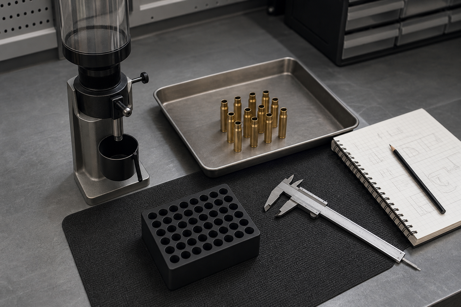 Editorial reloading-bench process scene with a compact precision-cartridge workflow and an unlabeled powder measure.