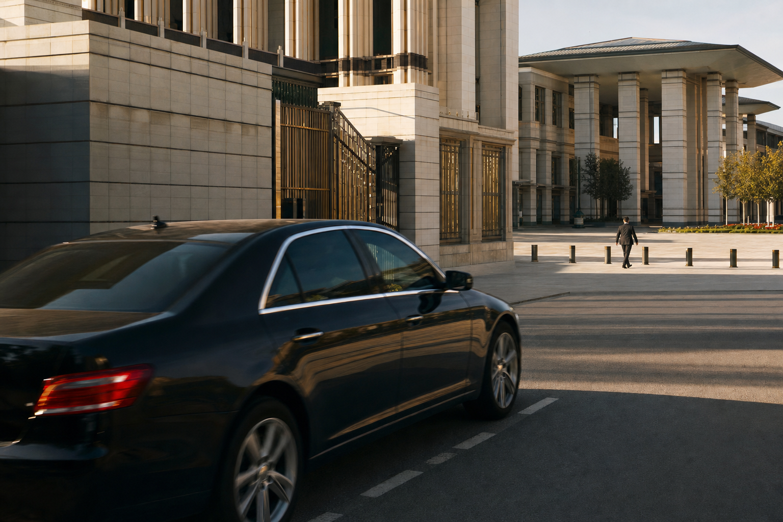 A diplomatic sedan leaves the Beştepe Presidential Compound after a summit day.