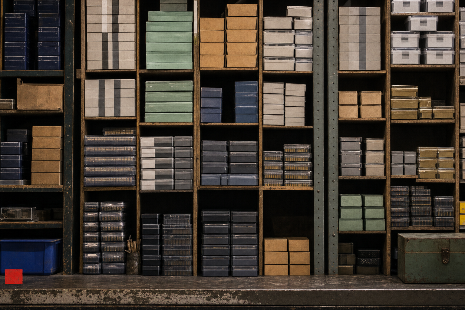 A dense unbranded component category wall with sealed primer-family packages in visibly different groups.