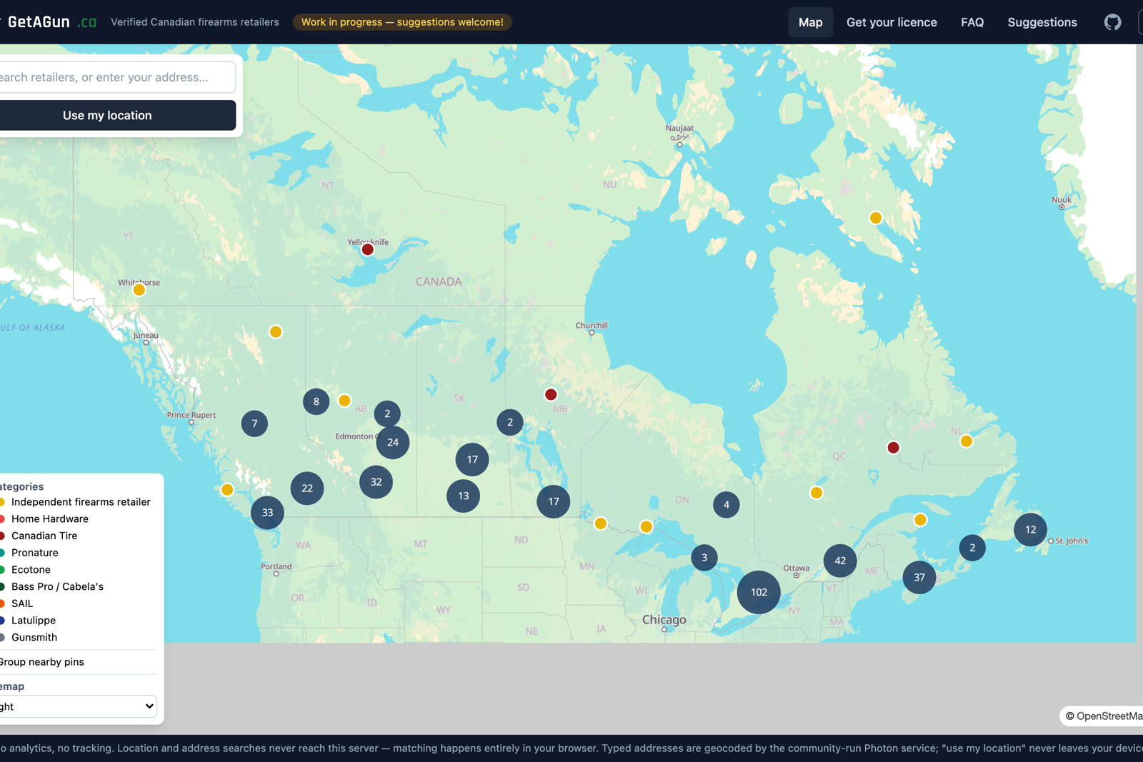 A live map of Canada shows clustered retailer pins, category filters, a work-in-progress notice, and a privacy footer.