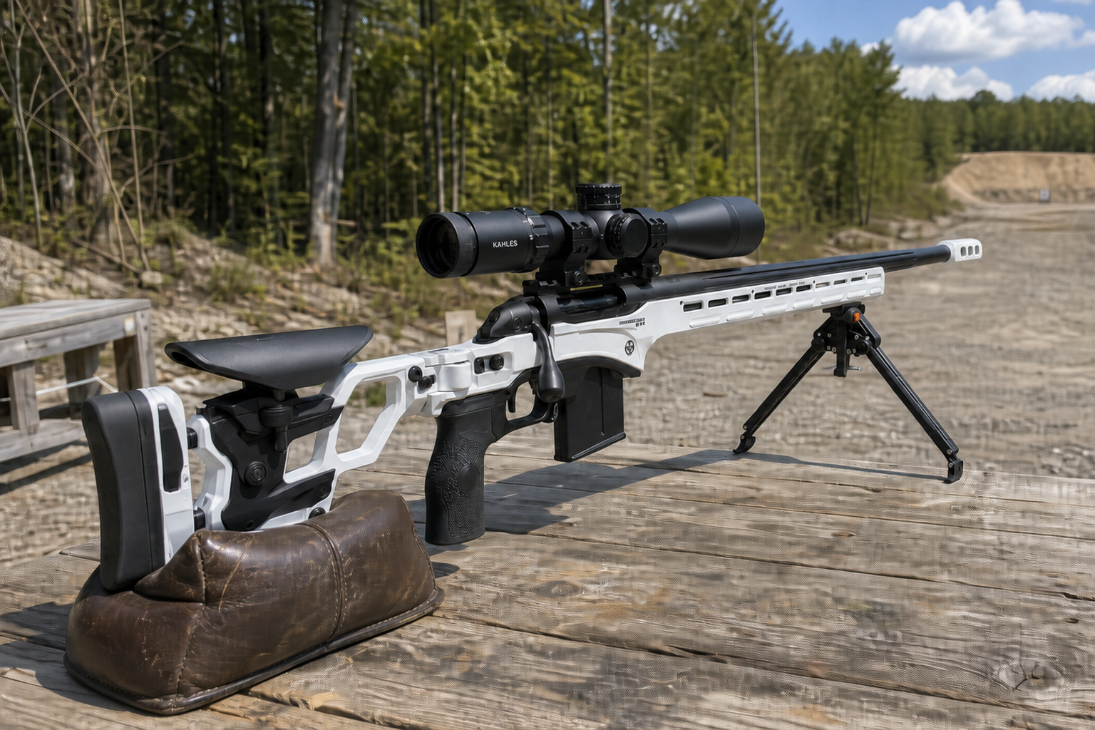 Reference-informed white and black Cadex 6 BR precision rifle on a stable bipod at a 300-yard range bench.