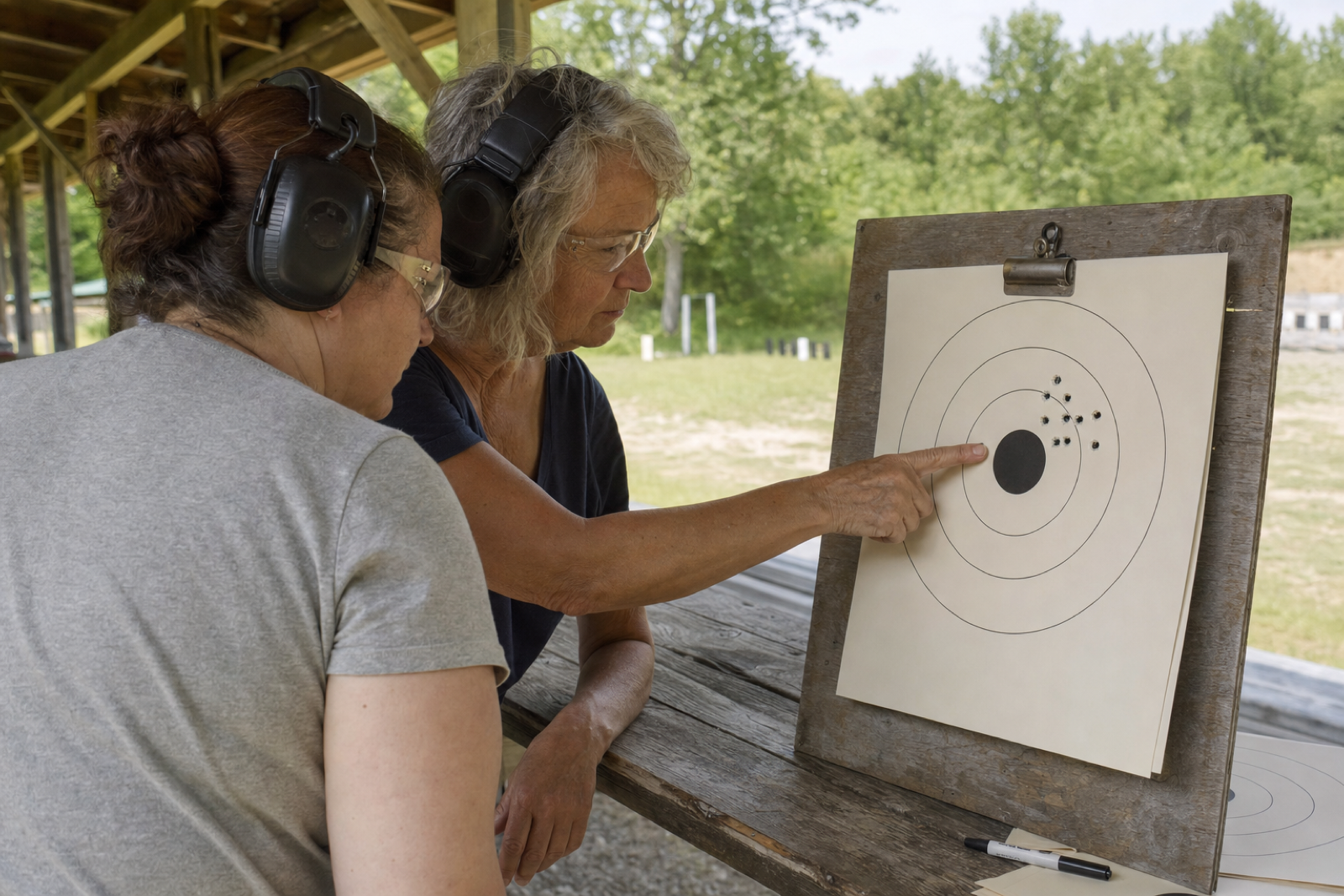 A learner and instructor study a conventional ten-shot rifle target at an outdoor southern Ontario club.