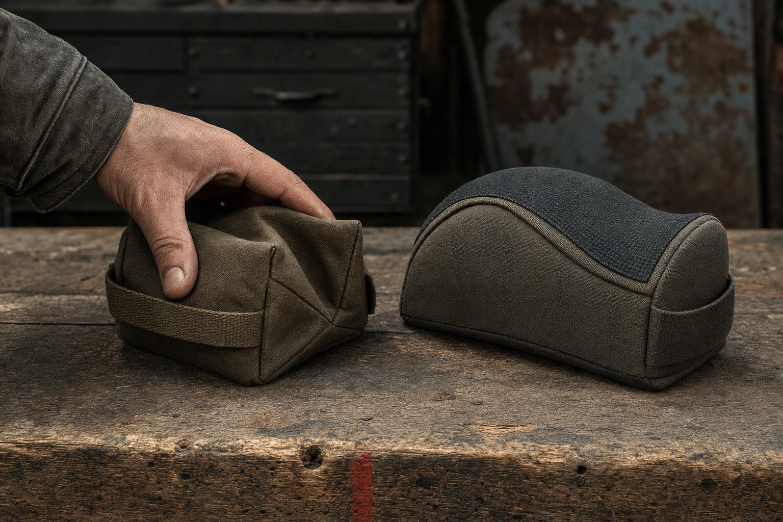 An adult hand comparing two unbranded rear-support bag shapes on a weathered workshop surface.