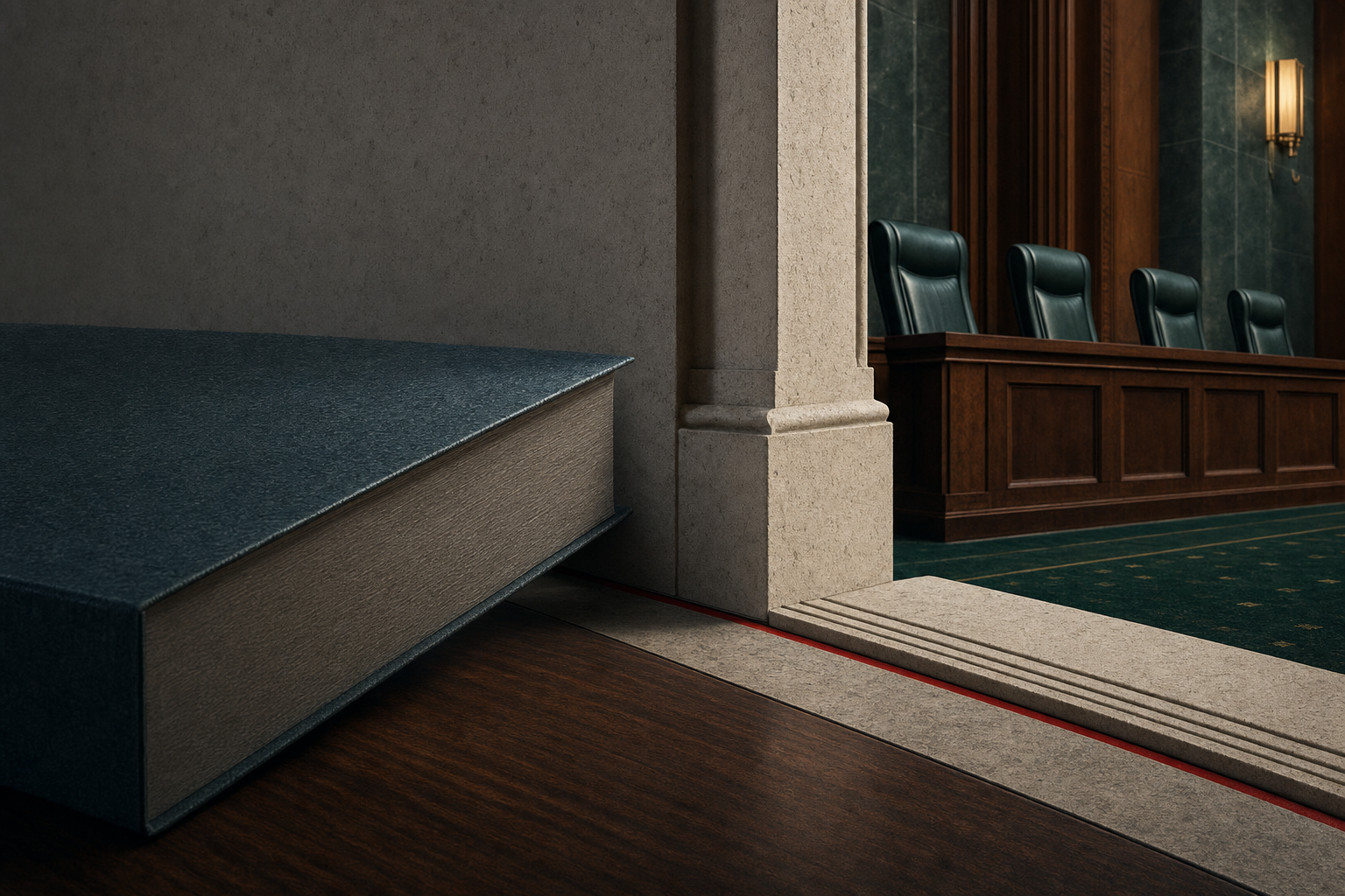 A nonliteral architectural threshold separating a Cabinet instrument from the Supreme Court chamber.