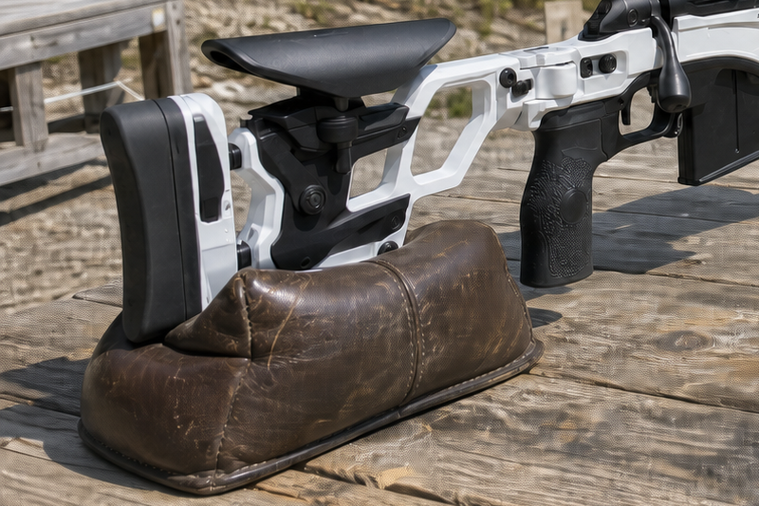 Close detail of Steve's Cadex Pro rear stock, grip, and rear bag in the actual range setup.