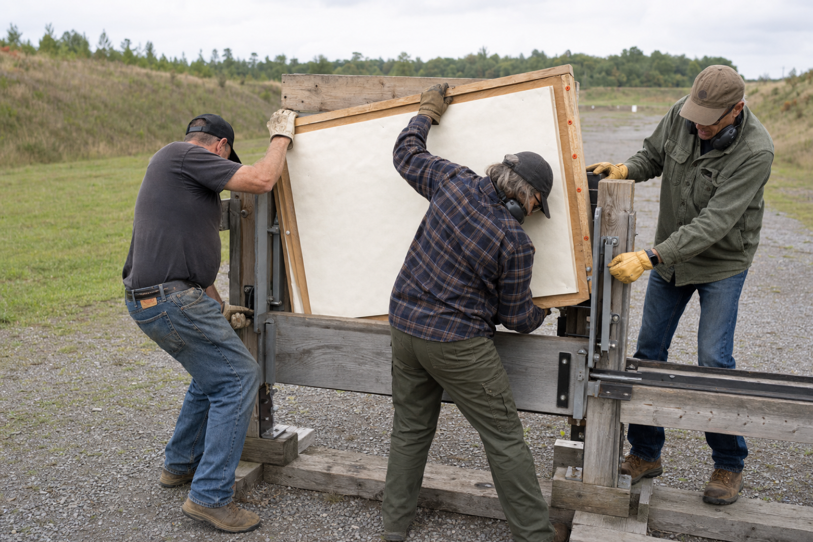 Three volunteers lift a blank target frame into a wooden carrier at an unnamed Ontario long-range range.