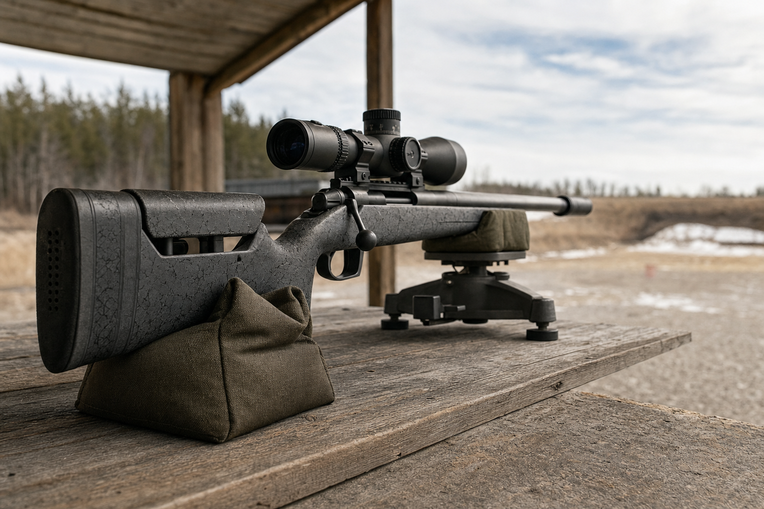 A precision rifle safely pointed downrange with a front support and an unbranded rear support bag visible at the stock.