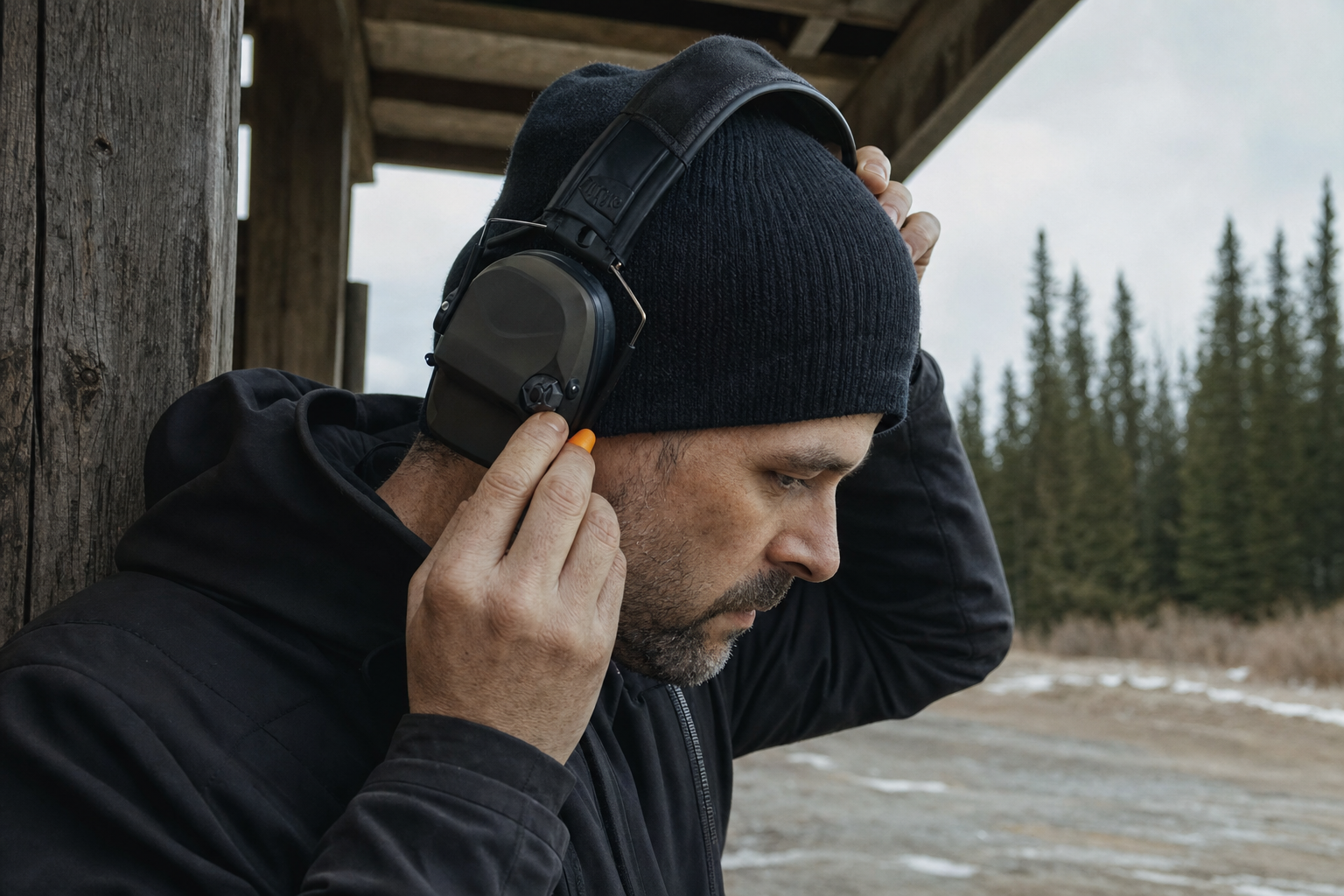 An adult fitting foam earplugs and low-profile earmuffs at a Canadian range entrance.