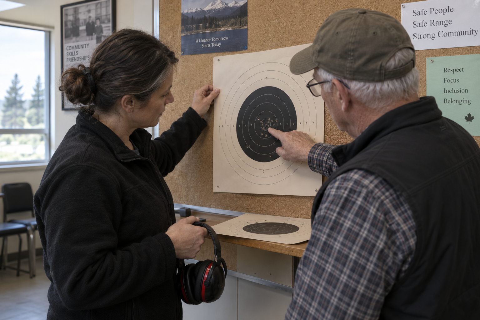 Two adults examine shot holes in a paper bullseye target on a noticeboard.