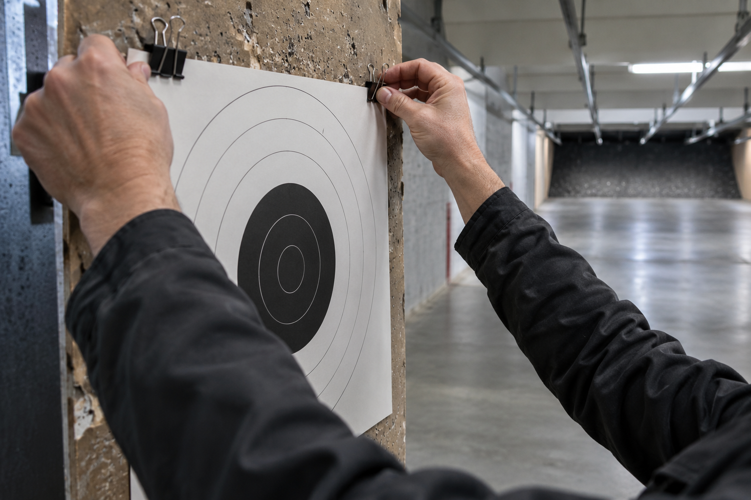 Hands clip a fresh paper bullseye target to a worn backer at a shooting range.