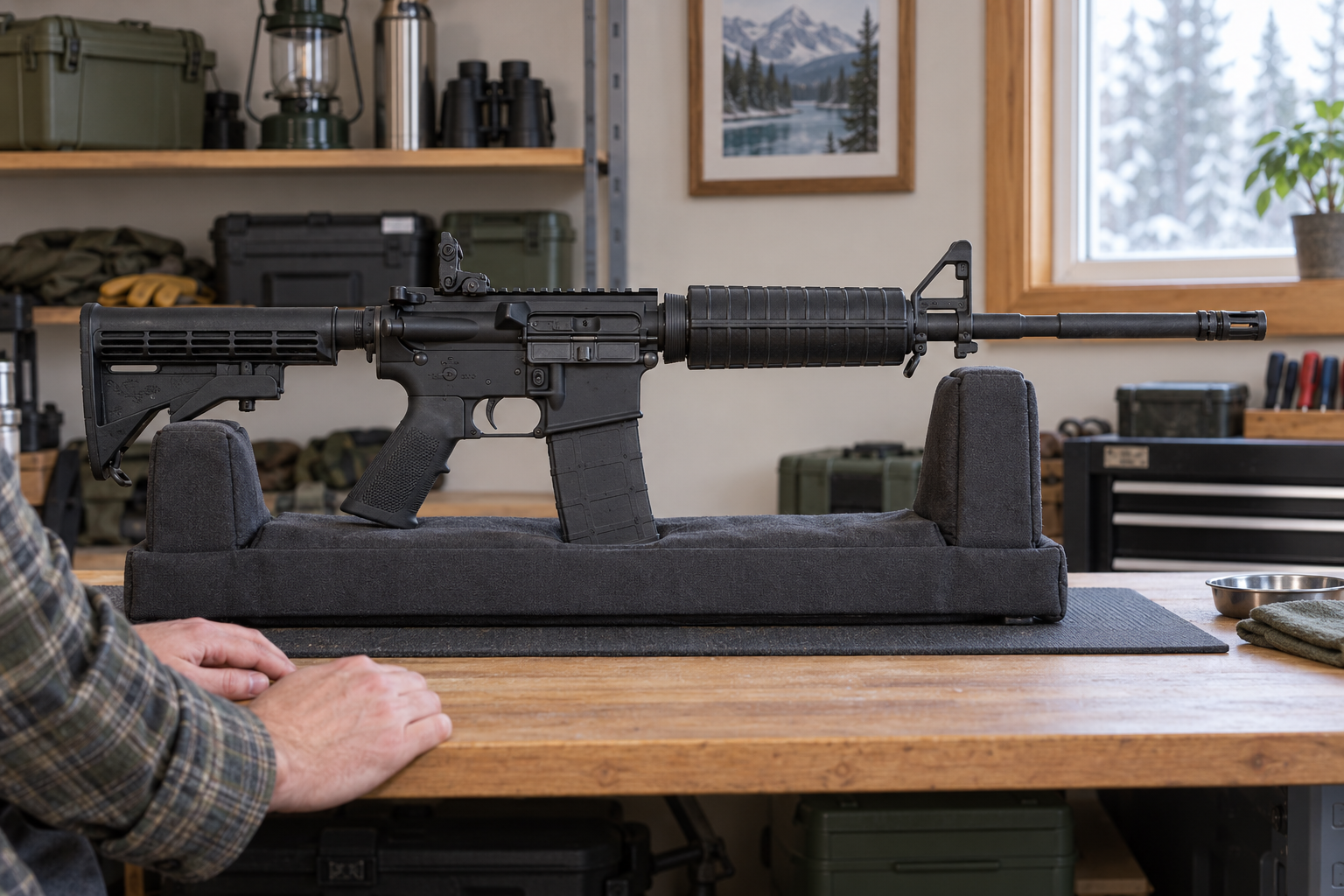 An AR-pattern rifle rests in a padded cradle on a workbench beside a person's hands.
