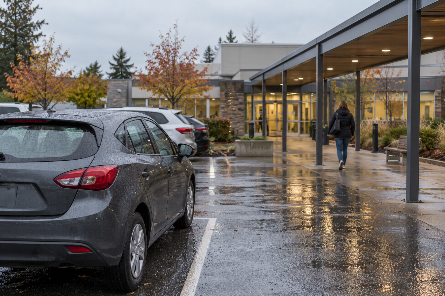 A woman walks toward a covered entrance beside cars in a rain-wet parking lot.