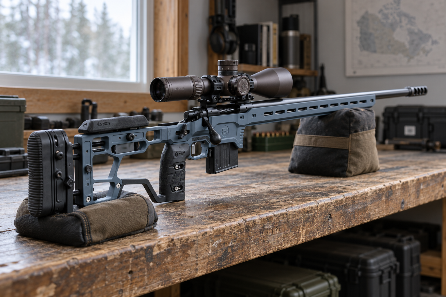 A precision rifle with an adjustable chassis rests on support bags on a workbench.