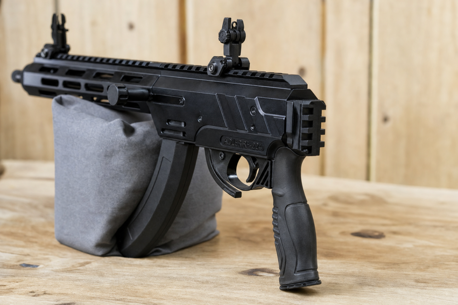 Rear-left detail of a black Adler RF-224 Gen2 receiver with its stock removed, exposing the vertical Picatinny attachment rail.