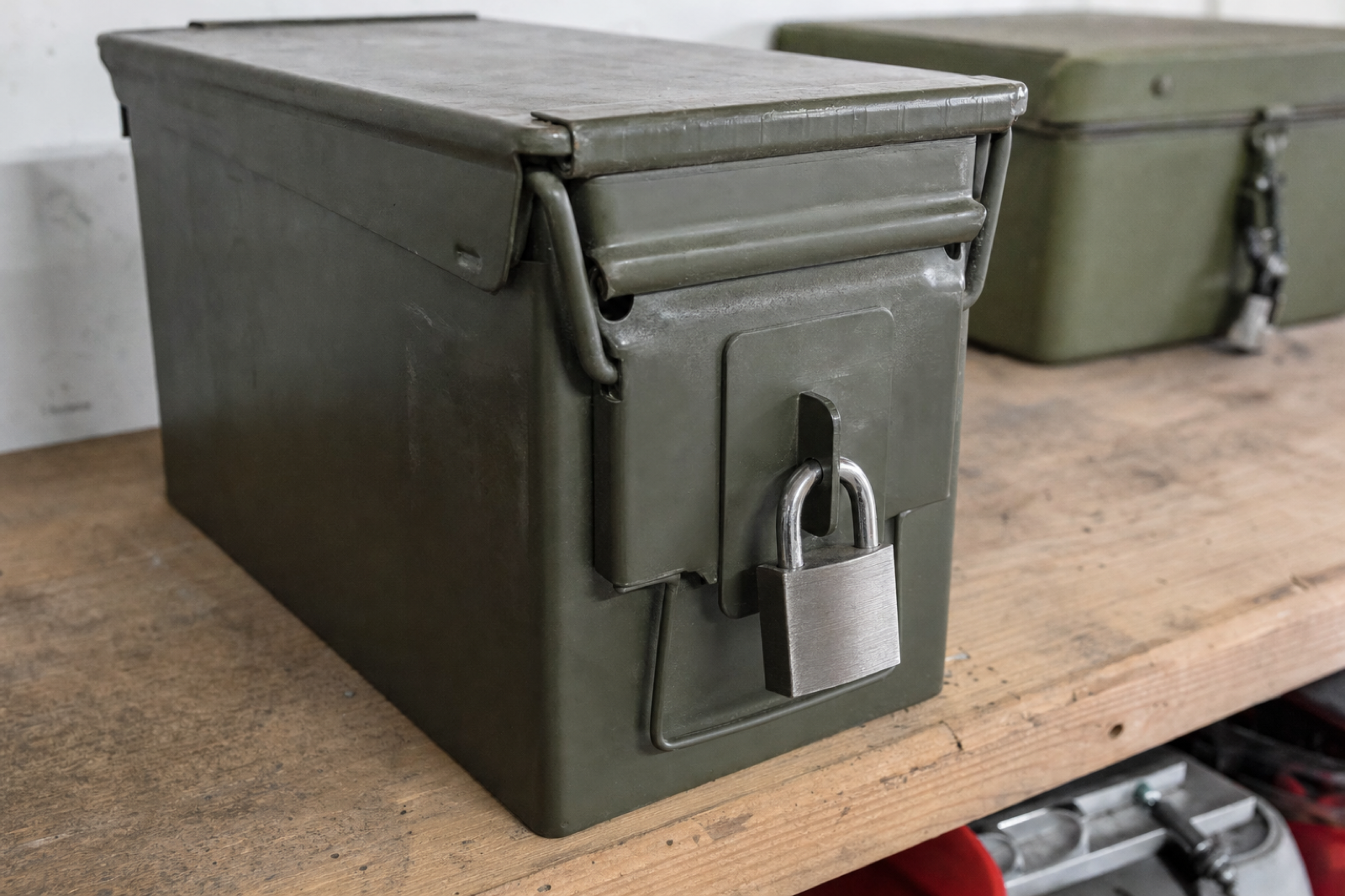 Close view of a steel padlock through the attached hasp of a closed olive ammunition box on a timber shelf.