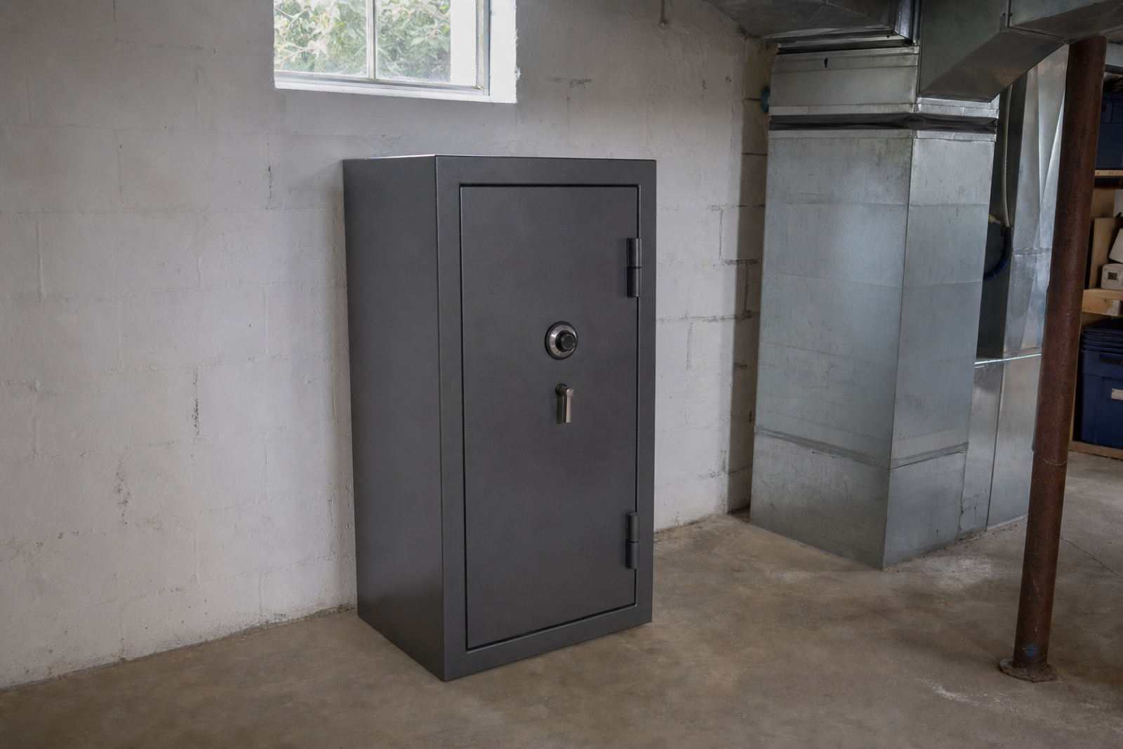 A closed dark-grey steel safe beside ductwork in a basement utility room.